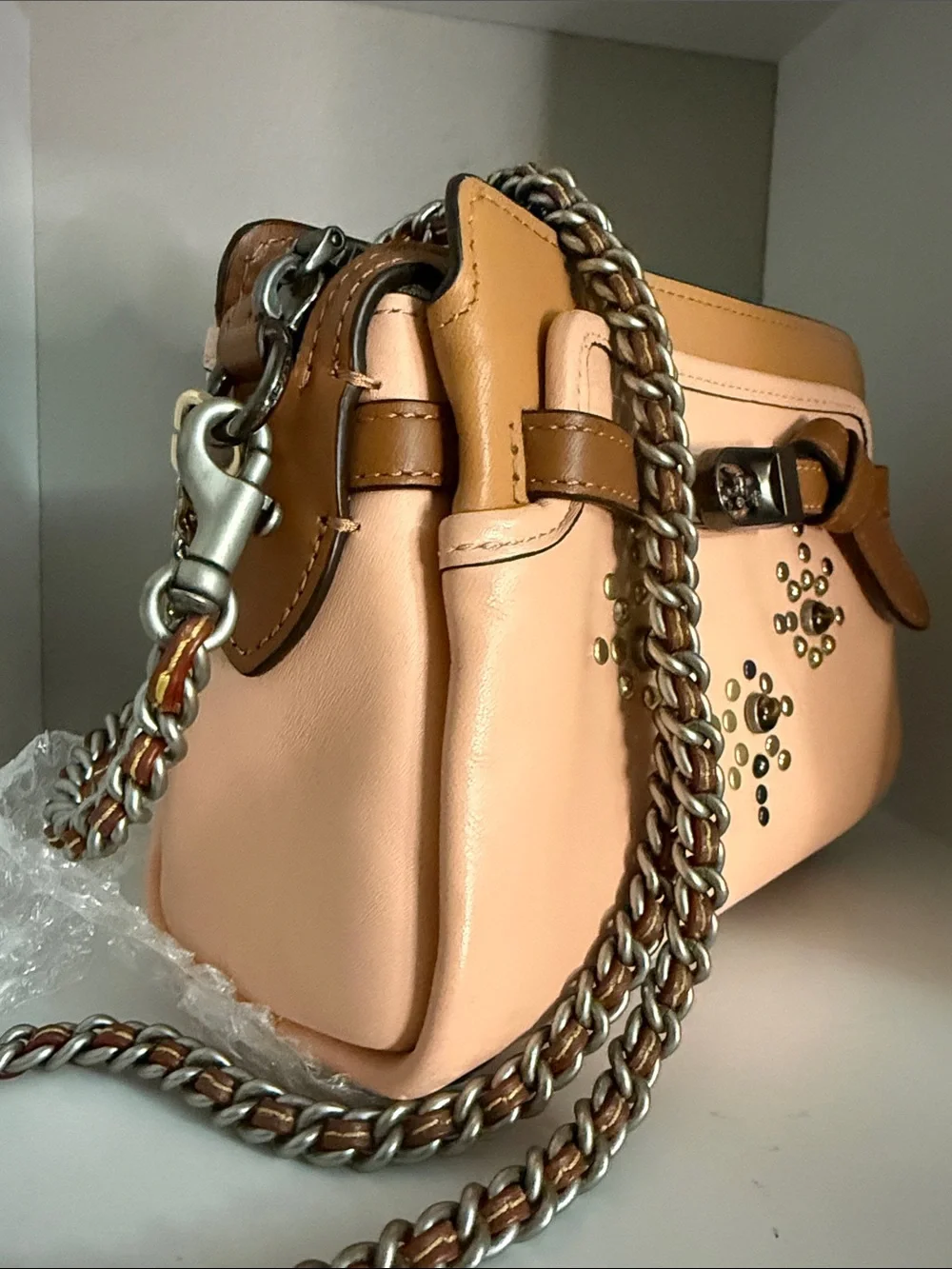 Coach Restored Kate Carryall Peach and Tan Studded Floral Leather Crossbody EUC